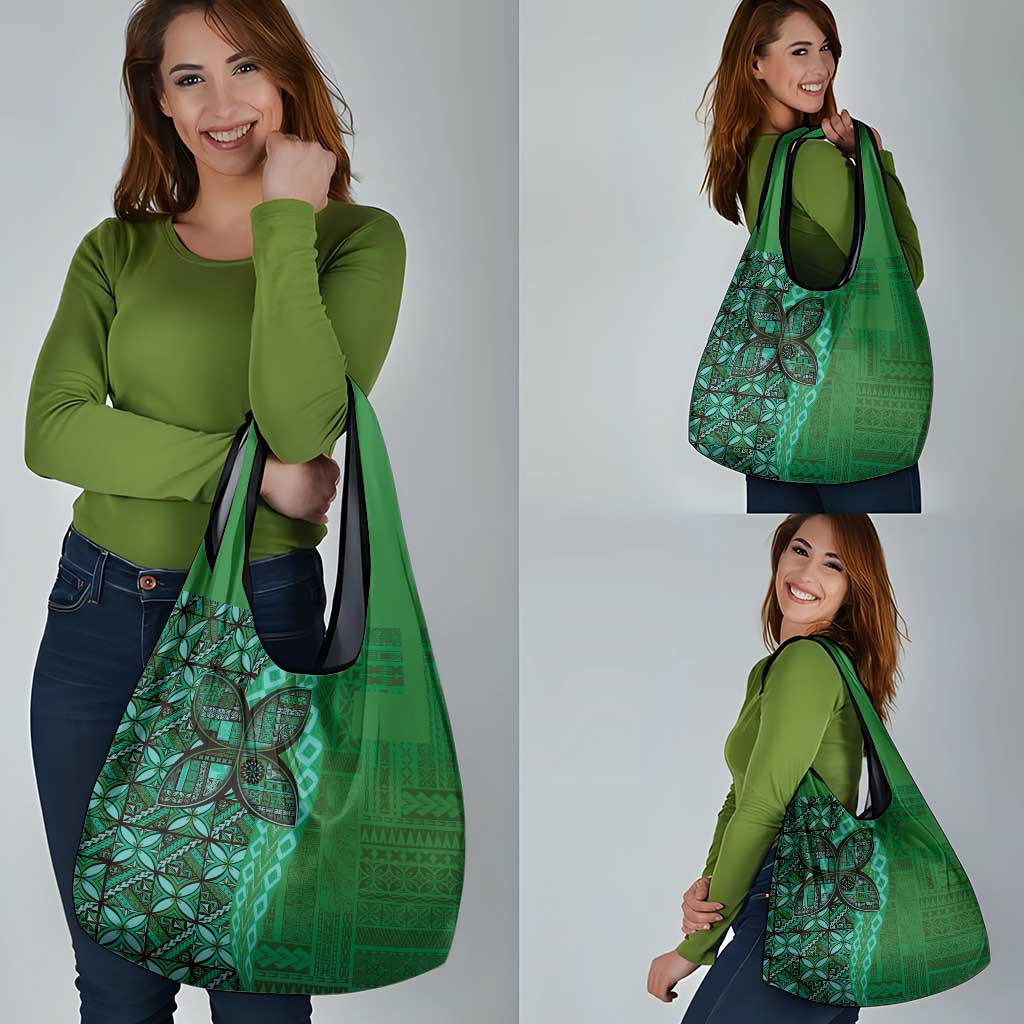 Samoan Pacific Tribal Flower Geometric Art Tattoos Grocery Bag Siapo Pattern Emerald Glow - Polynesian Pride