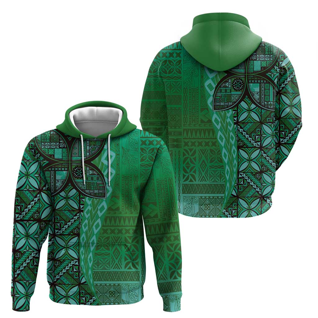 Samoan Pacific Tribal Flower Geometric Art Tattoos Hoodie Siapo Pattern Emerald Glow - Polynesian Pride
