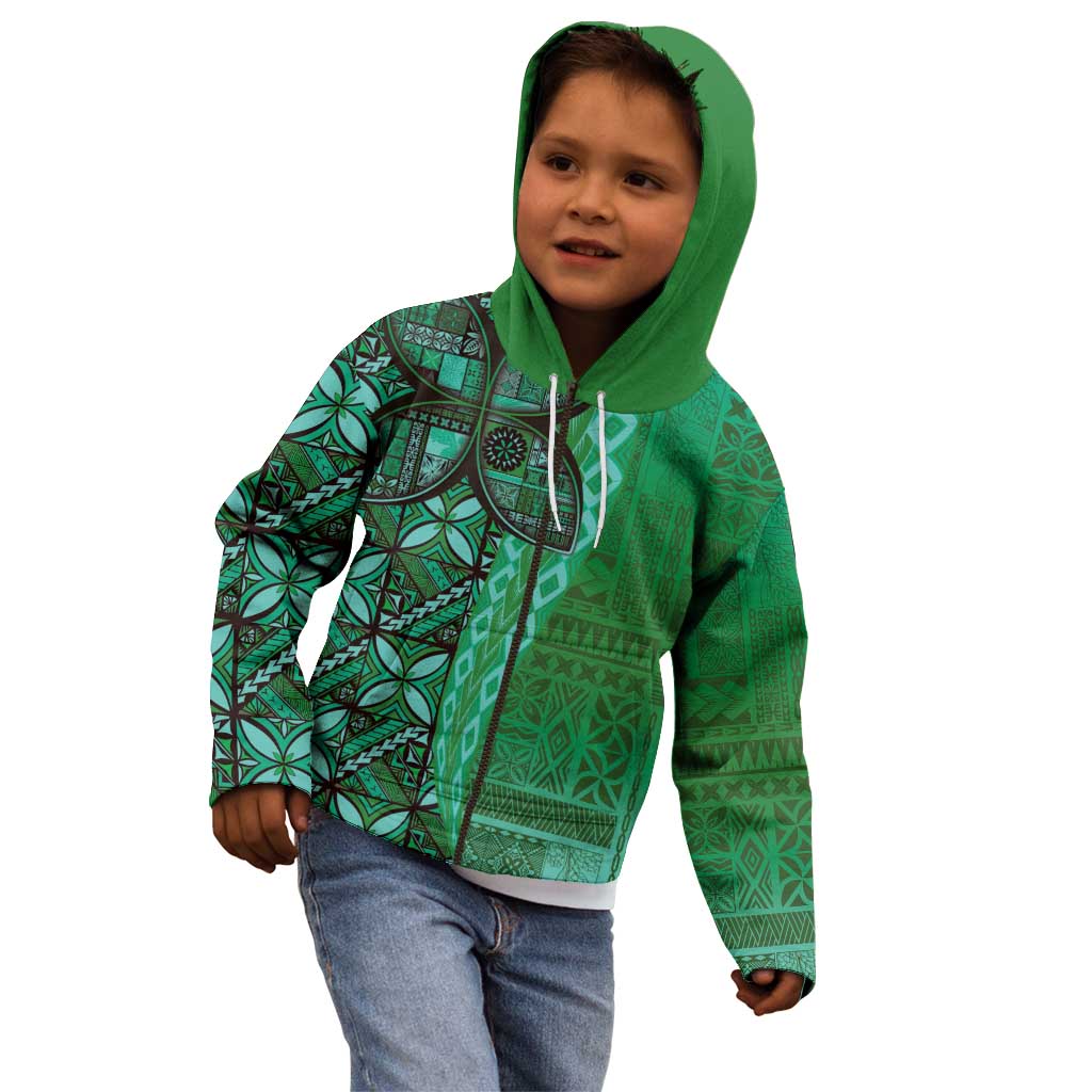 Samoan Pacific Tribal Flower Geometric Art Tattoos Kid Hoodie Siapo Pattern Emerald Glow - Polynesian Pride