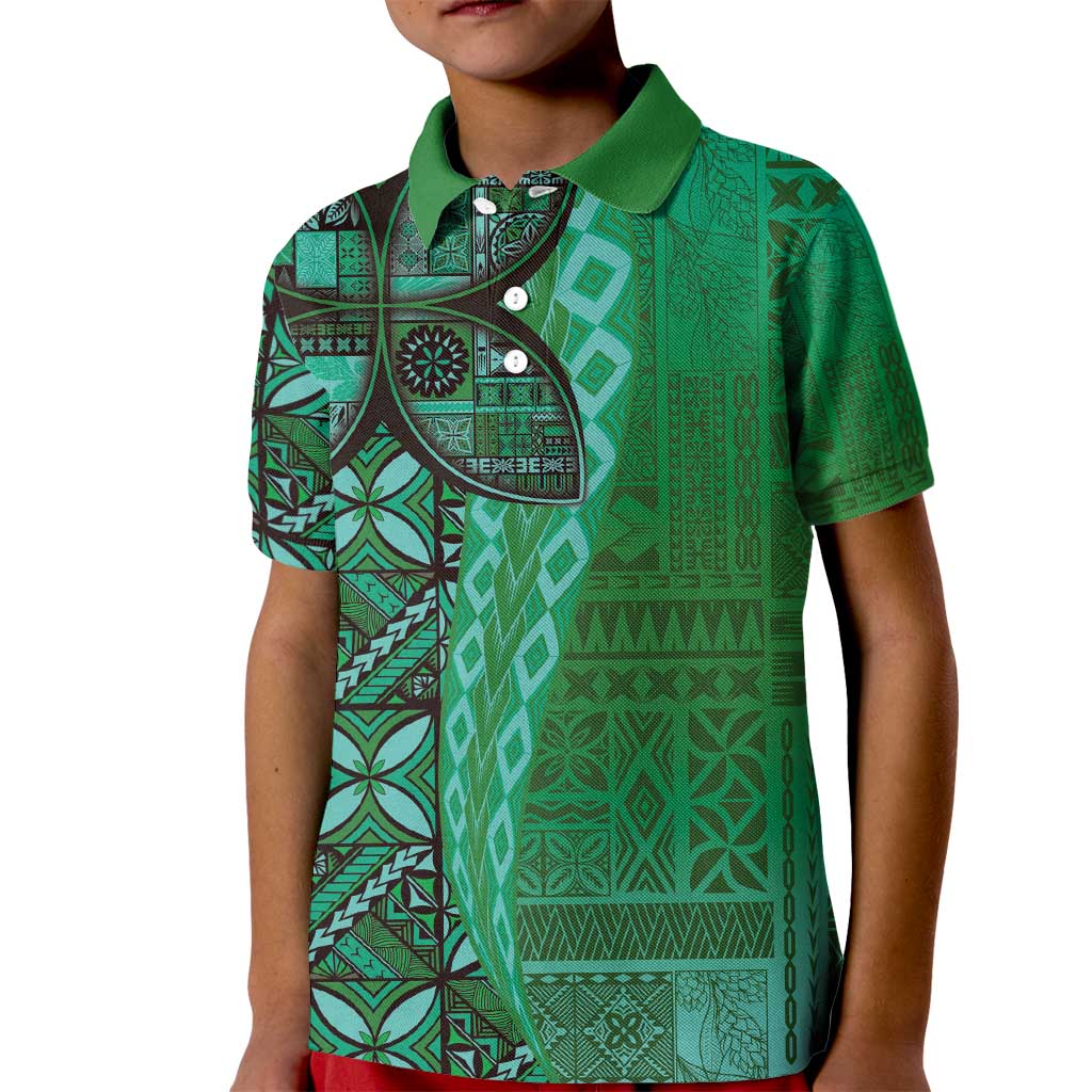 Samoan Pacific Tribal Flower Geometric Art Tattoos Kid Polo Shirt Siapo Pattern Emerald Glow - Polynesian Pride