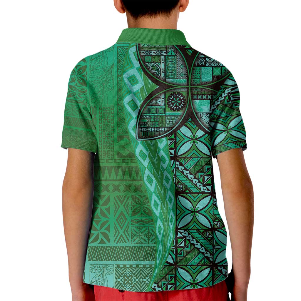 Samoan Pacific Tribal Flower Geometric Art Tattoos Kid Polo Shirt Siapo Pattern Emerald Glow - Polynesian Pride