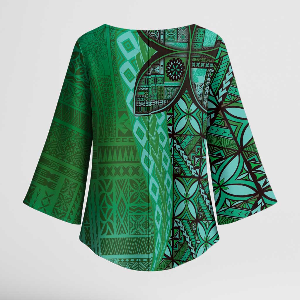 Samoan Pacific Tribal Flower Geometric Art Tattoos Kimono Sleeve Blouse Siapo Pattern Emerald Glow - Polynesian Pride