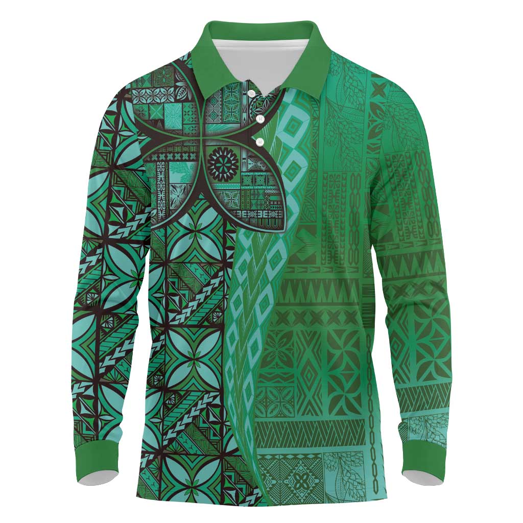 Samoan Pacific Tribal Flower Geometric Art Tattoos Long Sleeve Polo Shirt Siapo Pattern Emerald Glow - Polynesian Pride