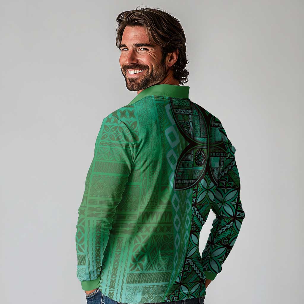 Samoan Pacific Tribal Flower Geometric Art Tattoos Long Sleeve Polo Shirt Siapo Pattern Emerald Glow - Polynesian Pride