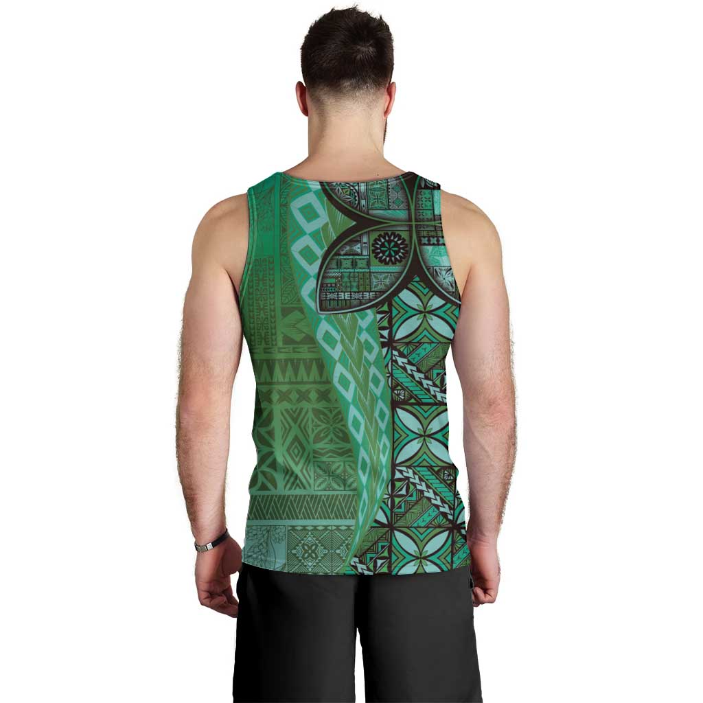 Samoan Pacific Tribal Flower Geometric Art Tattoos Men Tank Top Siapo Pattern Emerald Glow - Polynesian Pride