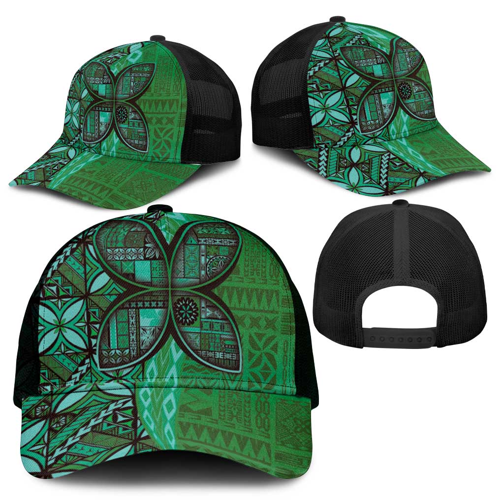 Samoan Pacific Tribal Flower Geometric Art Tattoos Mesh Trucker Cap Siapo Pattern Emerald Glow - Polynesian Pride