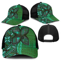 Samoan Pacific Tribal Flower Geometric Art Tattoos Mesh Trucker Cap Siapo Pattern Emerald Glow - Polynesian Pride