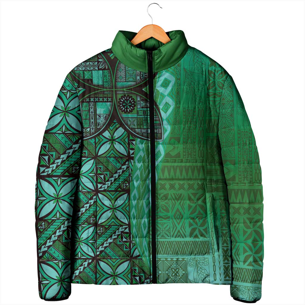 Samoan Pacific Tribal Flower Geometric Art Tattoos Padded Jacket Siapo Pattern Emerald Glow - Polynesian Pride