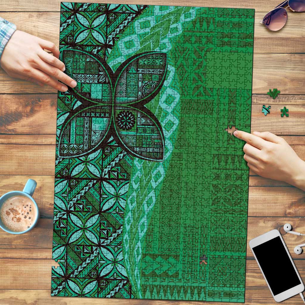 Samoan Pacific Tribal Flower Geometric Art Tattoos Puzzle Siapo Pattern Emerald Glow - Polynesian Pride