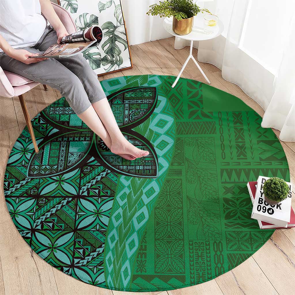Samoan Pacific Tribal Flower Geometric Art Tattoos Round Carpet Siapo Pattern Emerald Glow - Polynesian Pride