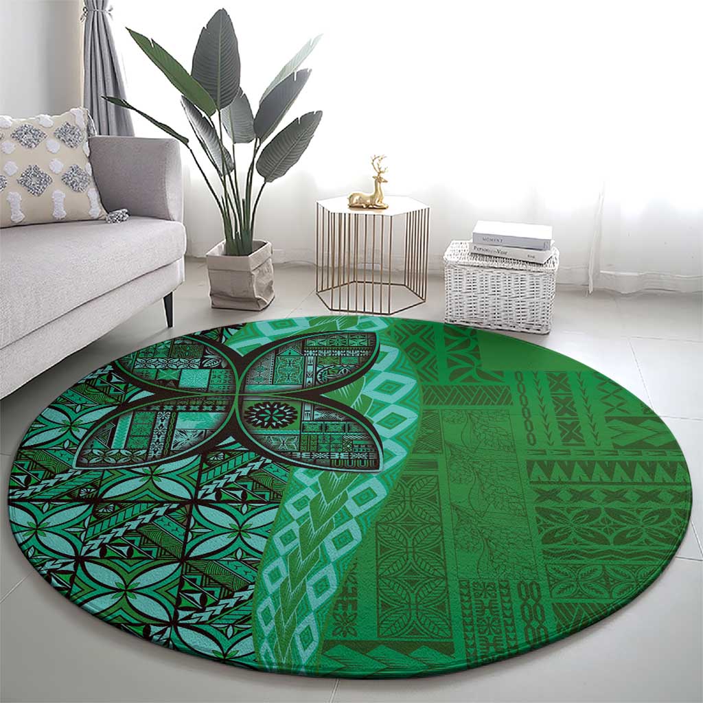 Samoan Pacific Tribal Flower Geometric Art Tattoos Round Carpet Siapo Pattern Emerald Glow - Polynesian Pride