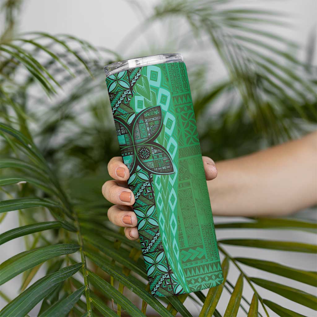 Samoan Pacific Tribal Flower Geometric Art Tattoos Skinny Tumbler Siapo Pattern Emerald Glow - Polynesian Pride