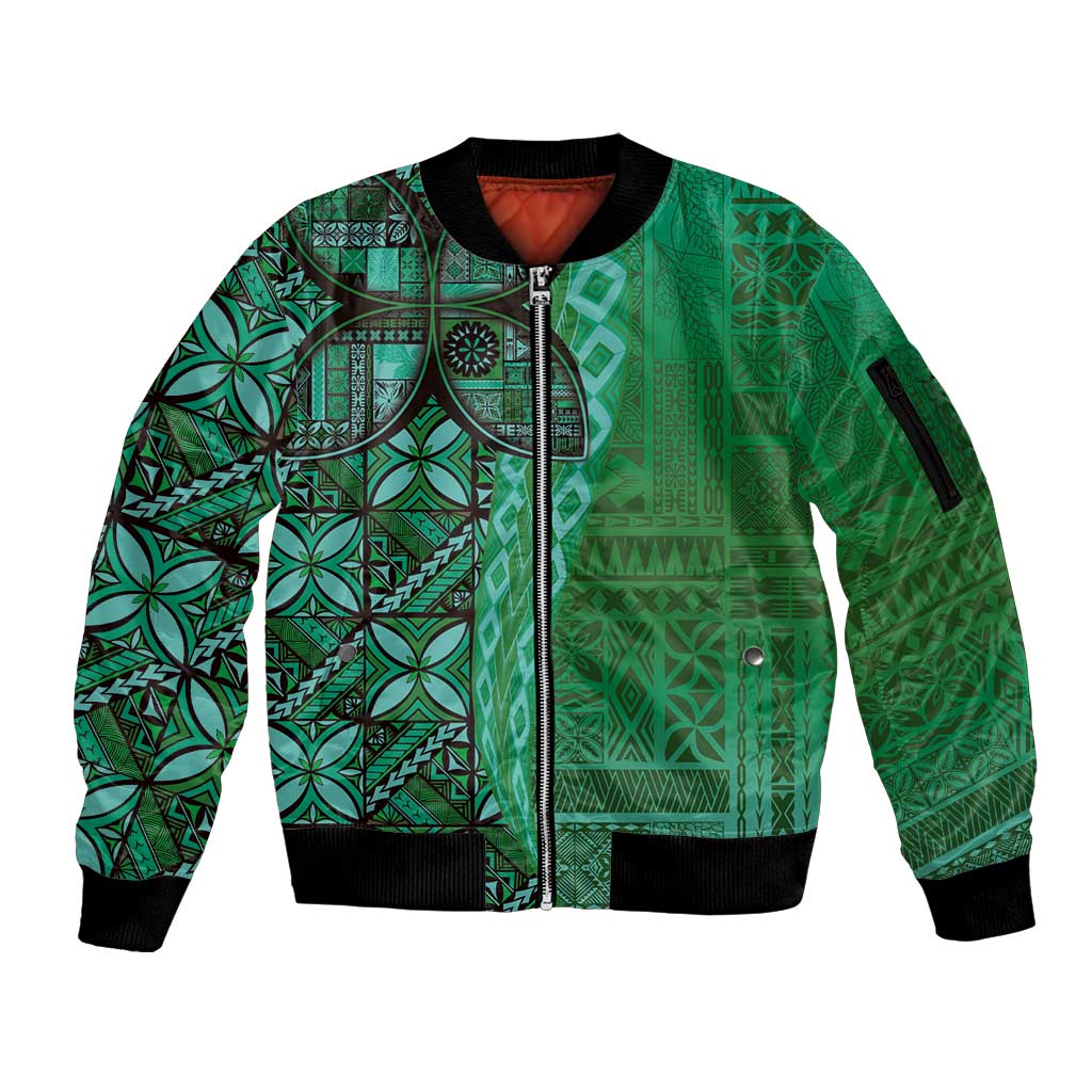 Samoan Pacific Tribal Flower Geometric Art Tattoos Sleeve Zip Bomber Jacket Siapo Pattern Emerald Glow - Polynesian Pride