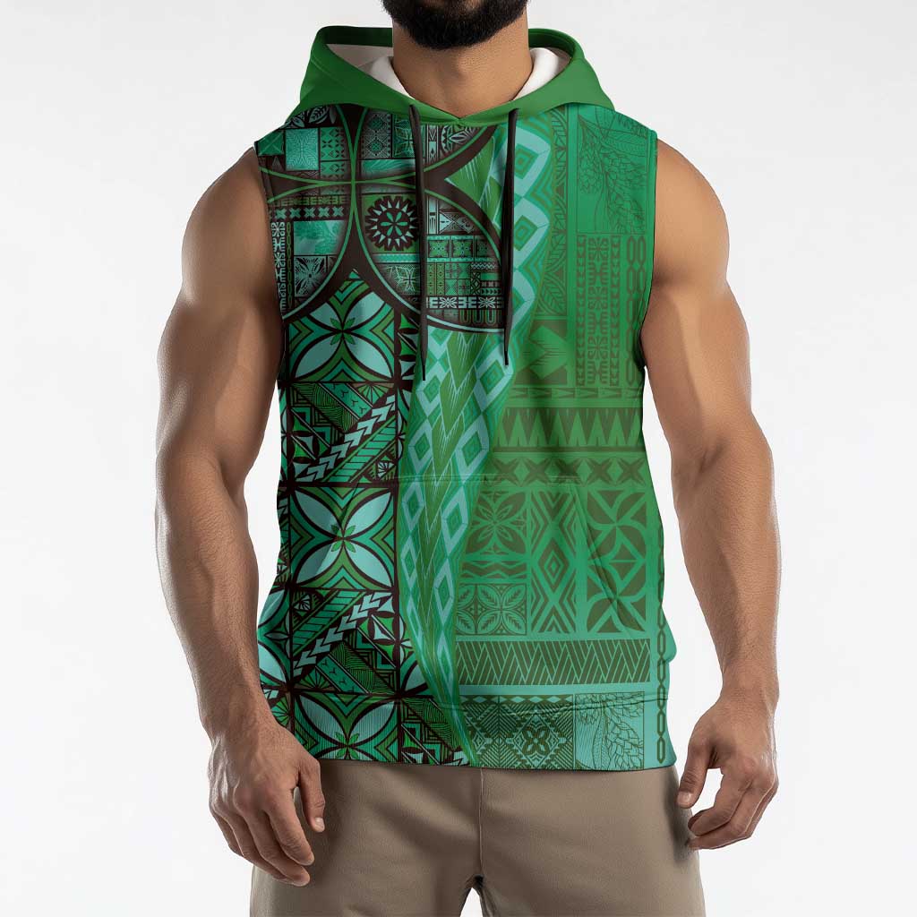 Samoan Pacific Tribal Flower Geometric Art Tattoos Sleeveless Hoodie Siapo Pattern Emerald Glow - Polynesian Pride
