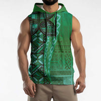 Samoan Pacific Tribal Flower Geometric Art Tattoos Sleeveless Hoodie Siapo Pattern Emerald Glow - Polynesian Pride