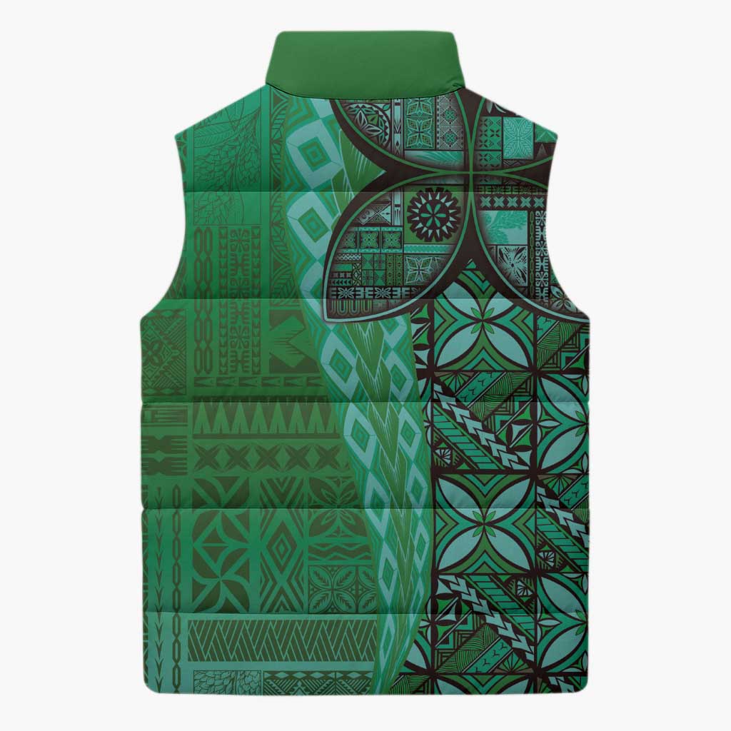 Samoan Pacific Tribal Flower Geometric Art Tattoos Sleeveless Puffer Jacket Siapo Pattern Emerald Glow - Polynesian Pride