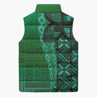 Samoan Pacific Tribal Flower Geometric Art Tattoos Sleeveless Puffer Jacket Siapo Pattern Emerald Glow - Polynesian Pride