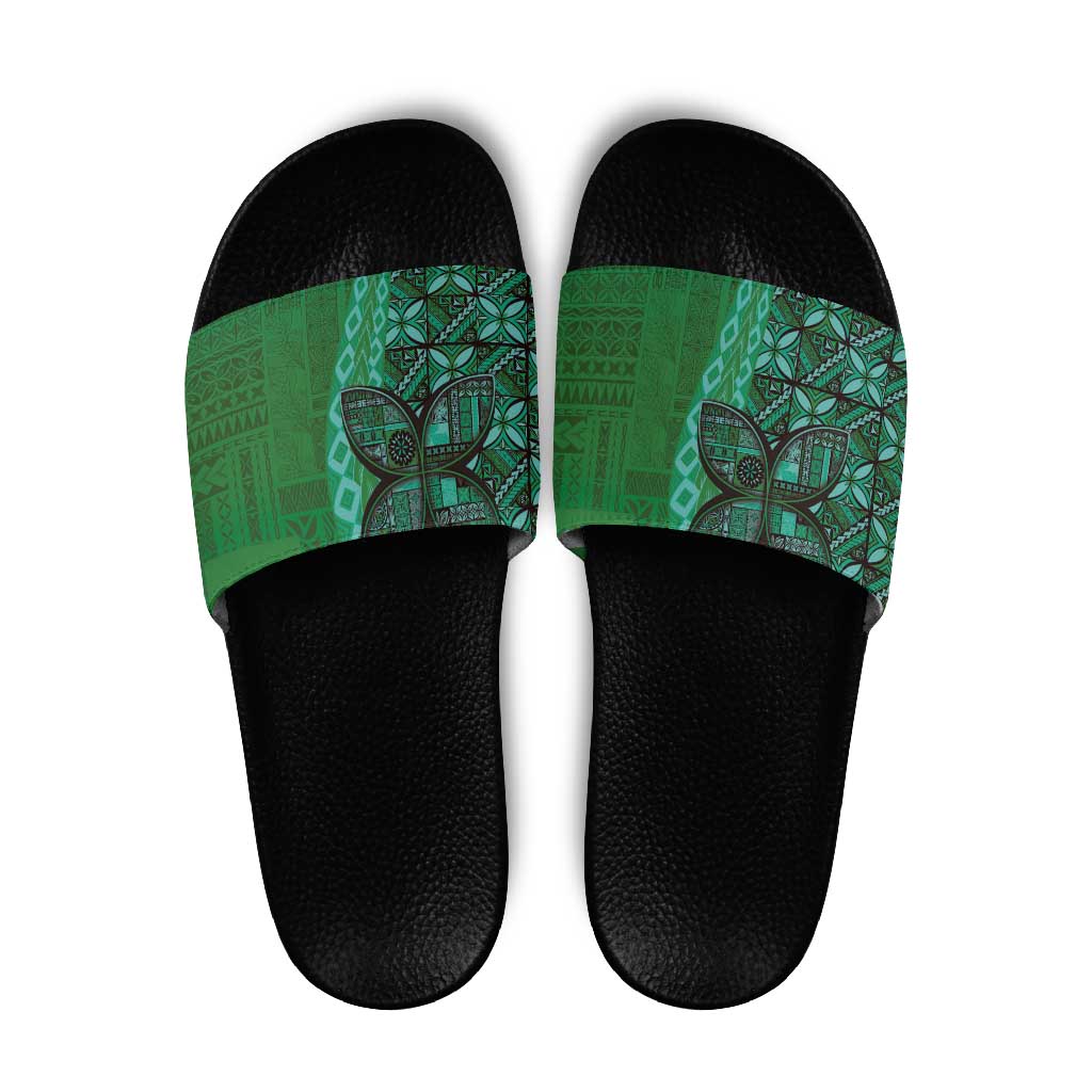 Samoan Pacific Tribal Flower Geometric Art Tattoos Slide Sandals Siapo Pattern Emerald Glow - Polynesian Pride