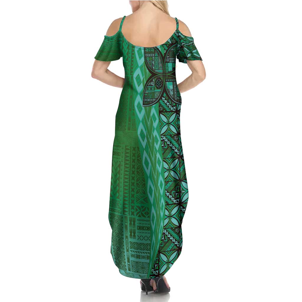 Samoan Pacific Tribal Flower Geometric Art Tattoos Summer Maxi Dress Siapo Pattern Emerald Glow - Polynesian Pride
