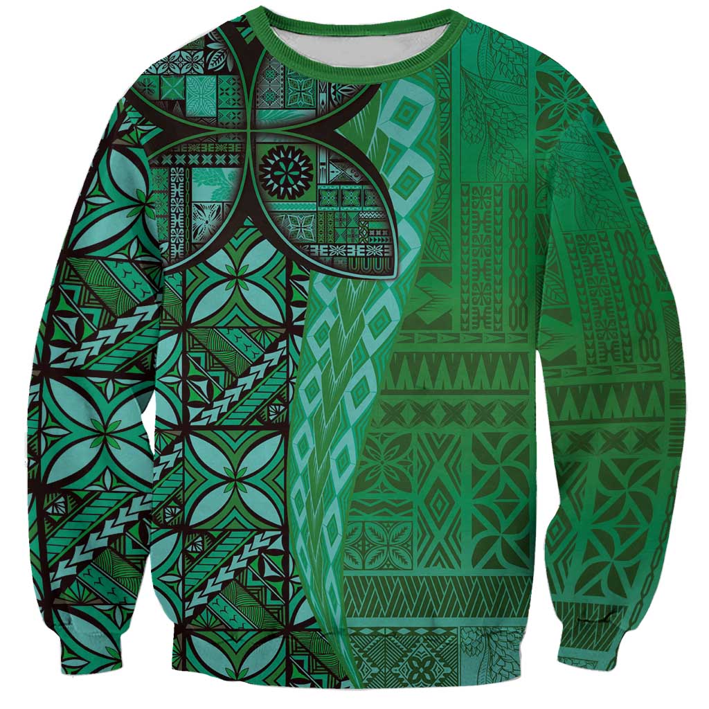 Samoan Pacific Tribal Flower Geometric Art Tattoos Sweatshirt Siapo Pattern Emerald Glow - Polynesian Pride