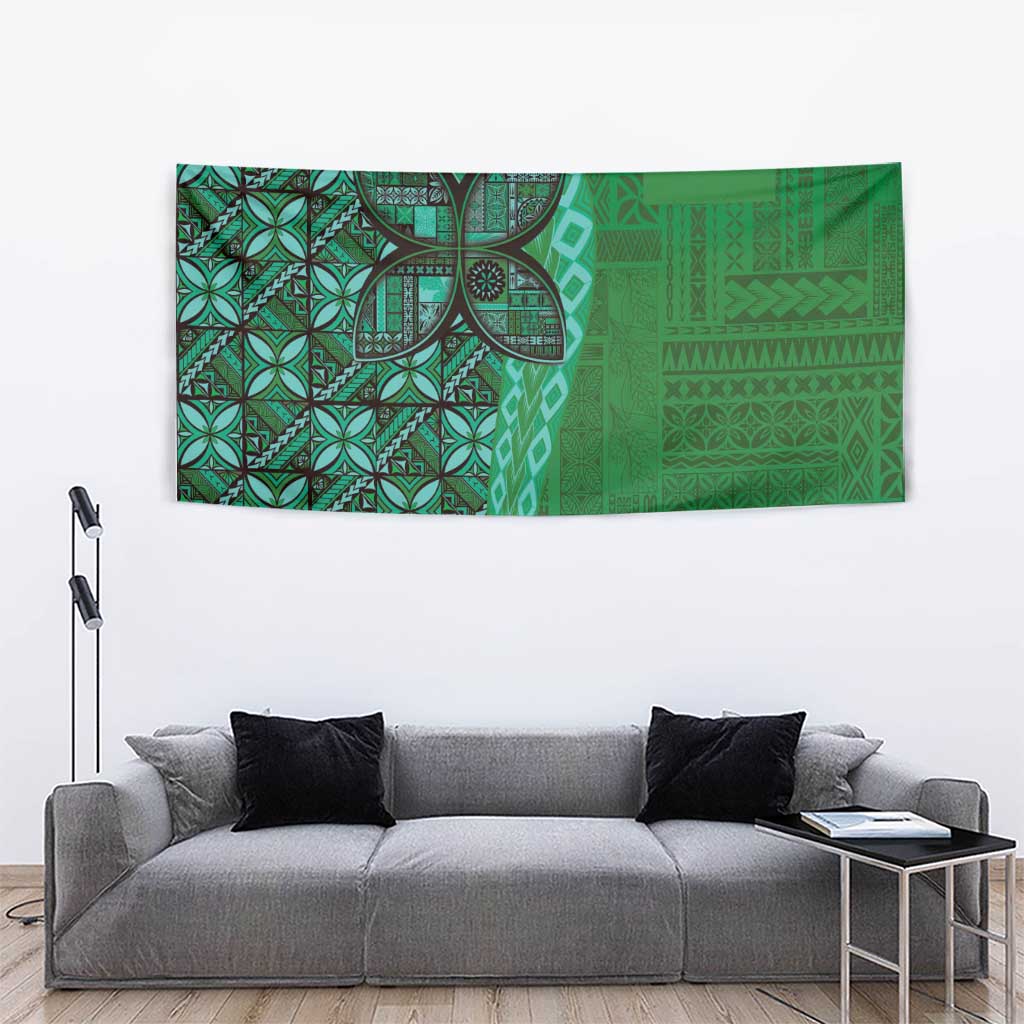 Samoan Pacific Tribal Flower Geometric Art Tattoos Tapestry Siapo Pattern Emerald Glow - Polynesian Pride