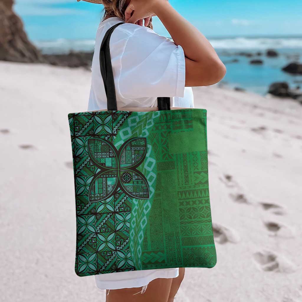 Samoan Pacific Tribal Flower Geometric Art Tattoos Tote Bag Siapo Pattern Emerald Glow - Polynesian Pride