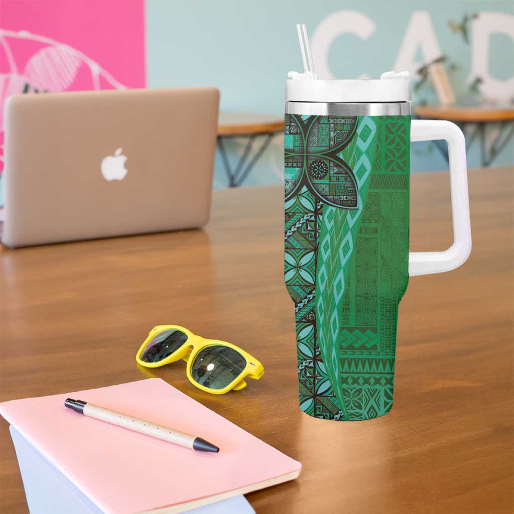 Samoan Pacific Tribal Flower Geometric Art Tattoos Tumbler With Handle Siapo Pattern Emerald Glow - Polynesian Pride