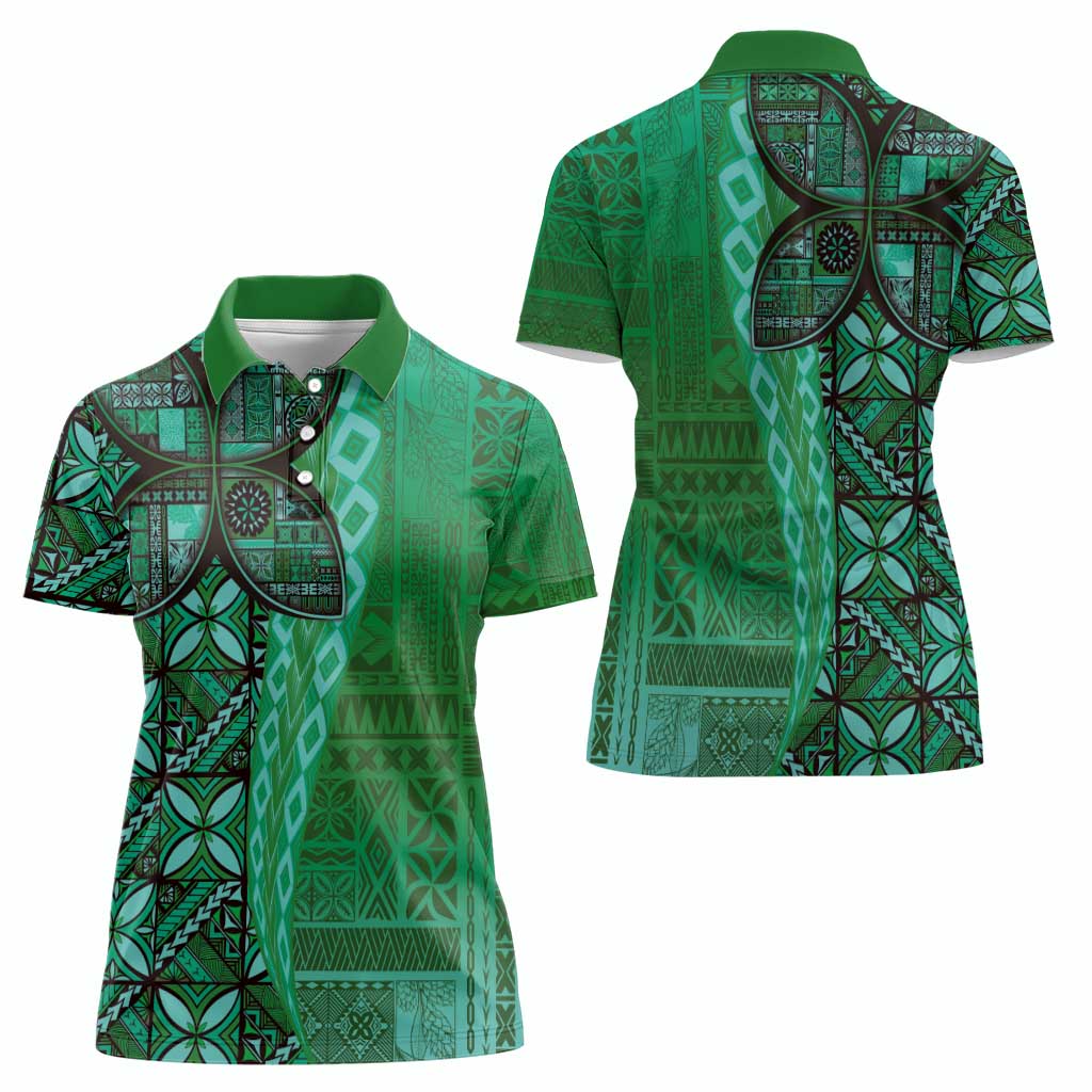 Samoan Pacific Tribal Flower Geometric Art Tattoos Women Polo Shirt Siapo Pattern Emerald Glow - Polynesian Pride
