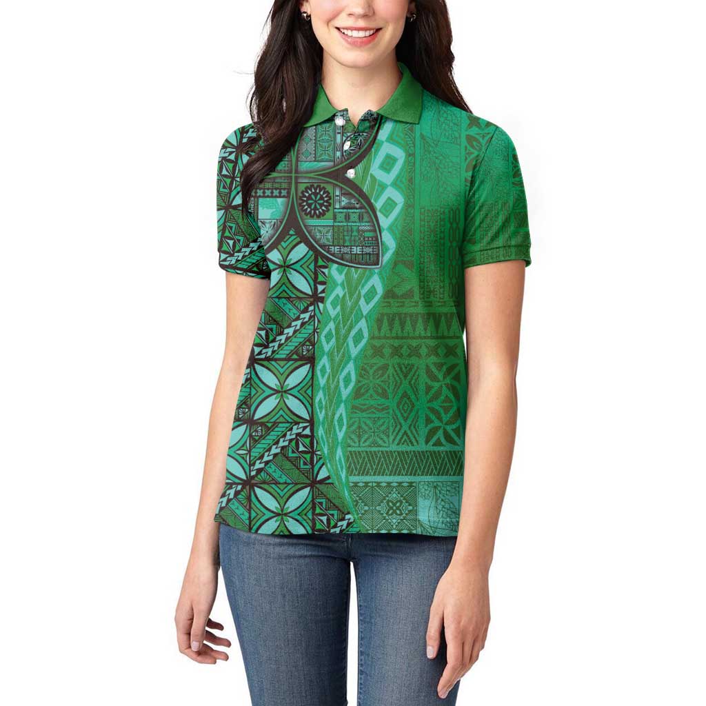 Samoan Pacific Tribal Flower Geometric Art Tattoos Women Polo Shirt Siapo Pattern Emerald Glow - Polynesian Pride