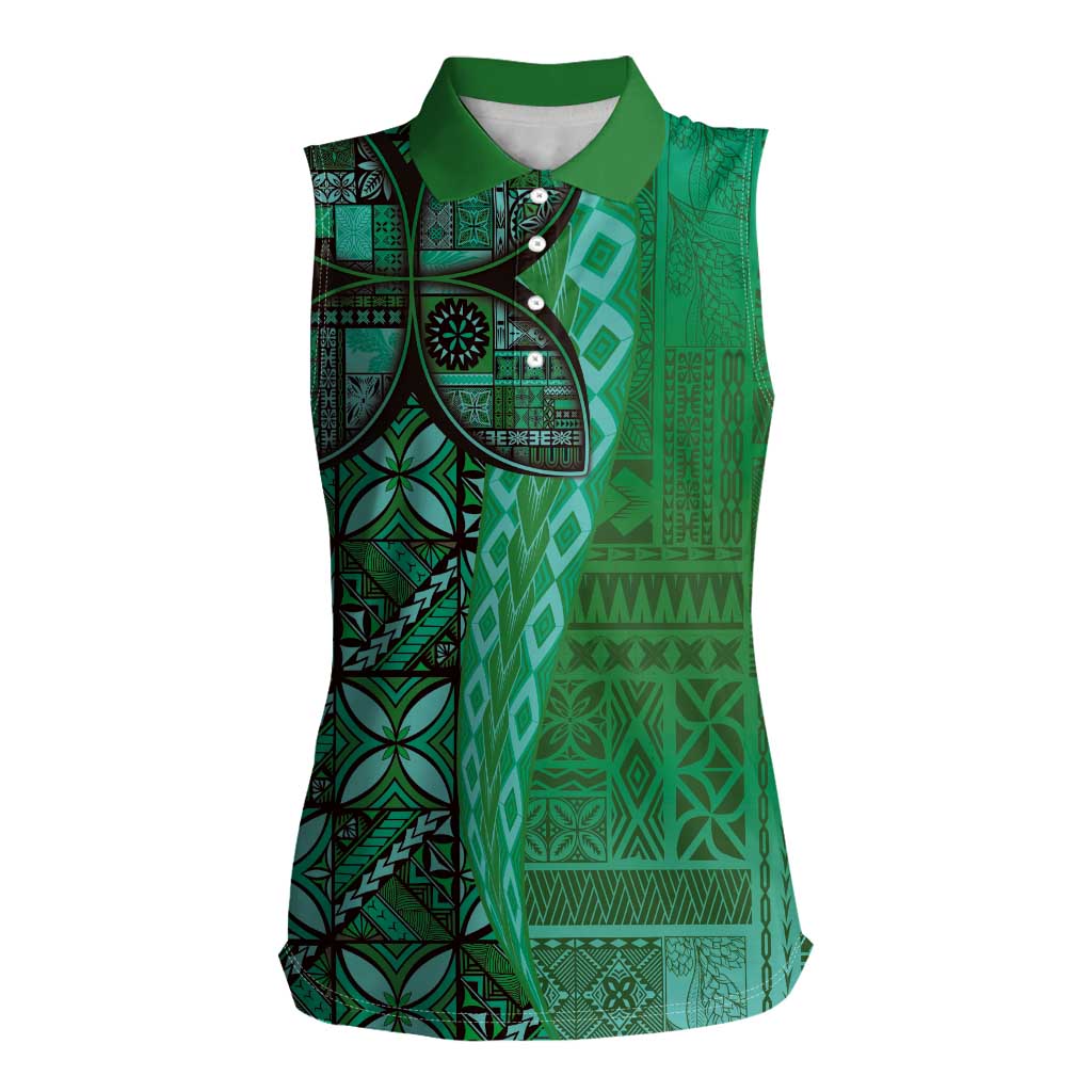Samoan Pacific Tribal Flower Geometric Art Tattoos Women Sleeveless Polo Shirt Siapo Pattern Emerald Glow - Polynesian Pride