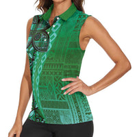 Samoan Pacific Tribal Flower Geometric Art Tattoos Women Sleeveless Polo Shirt Siapo Pattern Emerald Glow - Polynesian Pride