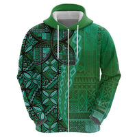 Samoan Pacific Tribal Flower Geometric Art Tattoos Zip Hoodie Siapo Pattern Emerald Glow - Polynesian Pride