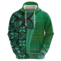 Samoan Pacific Tribal Flower Geometric Art Tattoos Zip Hoodie Siapo Pattern Emerald Glow - Polynesian Pride