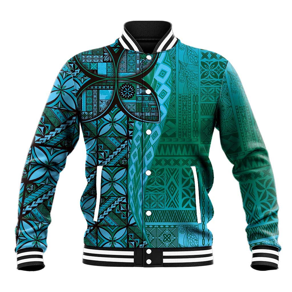Samoan Pacific Tribal Flower Geometric Art Tattoos Baseball Jacket Siapo Pattern Turquoise Tide - Polynesian Pride