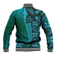 Samoan Pacific Tribal Flower Geometric Art Tattoos Baseball Jacket Siapo Pattern Turquoise Tide - Polynesian Pride