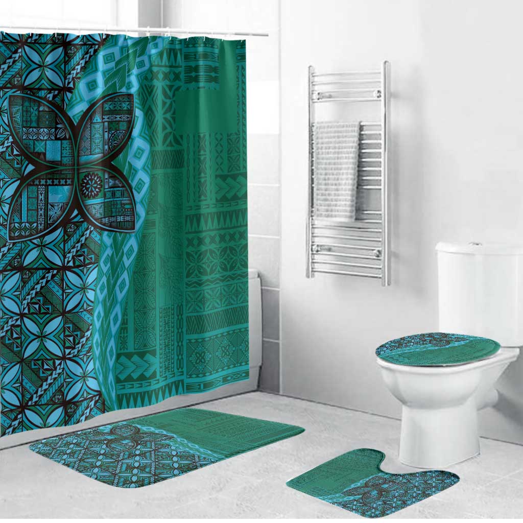 Samoan Pacific Tribal Flower Geometric Art Tattoos Bathroom Set Siapo Pattern Turquoise Tide - Polynesian Pride