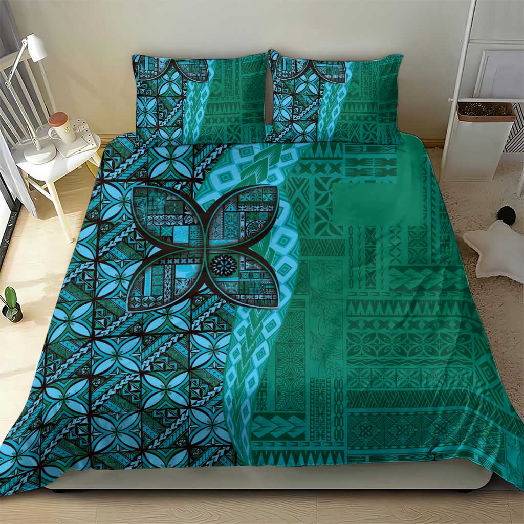 Samoan Pacific Tribal Flower Geometric Art Tattoos Bedding Set Siapo Pattern Turquoise Tide - Polynesian Pride