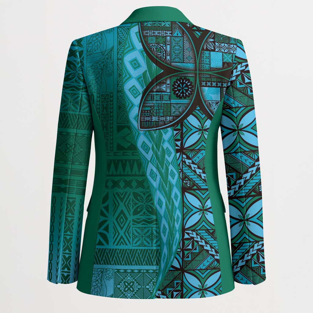 Samoan Pacific Tribal Flower Geometric Art Tattoos Blazer Siapo Pattern Turquoise Tide - Polynesian Pride