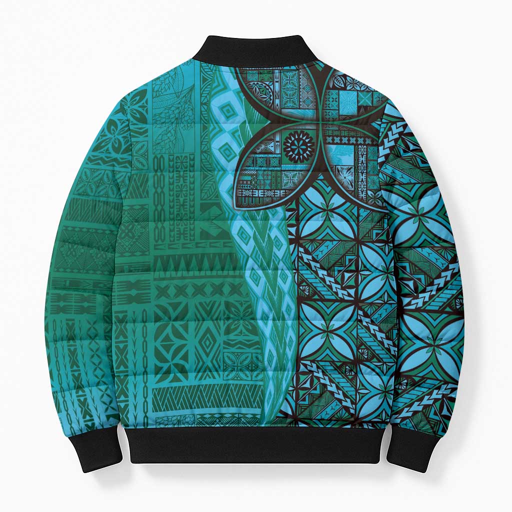 Samoan Pacific Tribal Flower Geometric Art Tattoos Bomber Puffer Jacket Siapo Pattern Turquoise Tide - Polynesian Pride