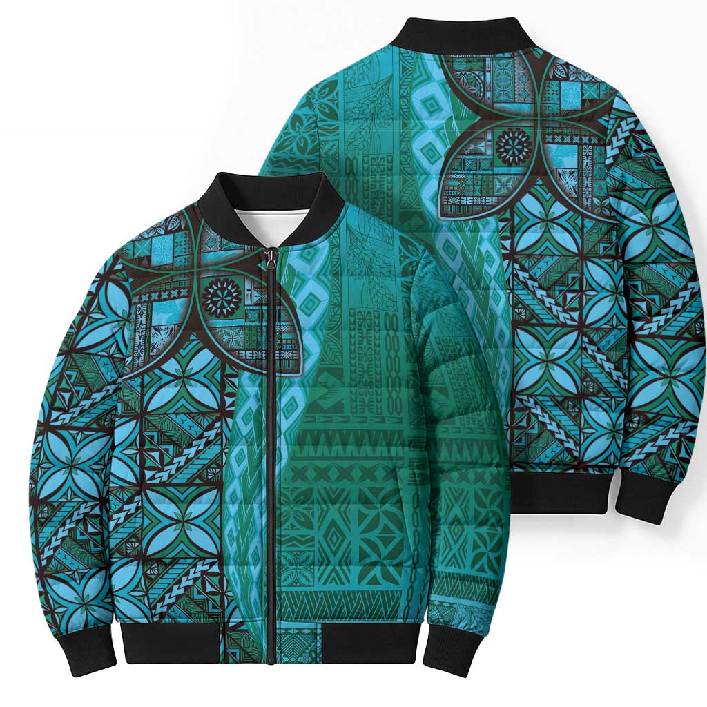 Samoan Pacific Tribal Flower Geometric Art Tattoos Bomber Puffer Jacket Siapo Pattern Turquoise Tide - Polynesian Pride