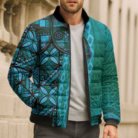 Samoan Pacific Tribal Flower Geometric Art Tattoos Bomber Puffer Jacket Siapo Pattern Turquoise Tide - Polynesian Pride