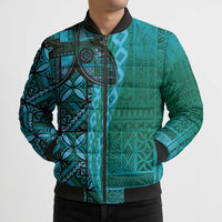 Samoan Pacific Tribal Flower Geometric Art Tattoos Bomber Puffer Jacket Siapo Pattern Turquoise Tide - Polynesian Pride