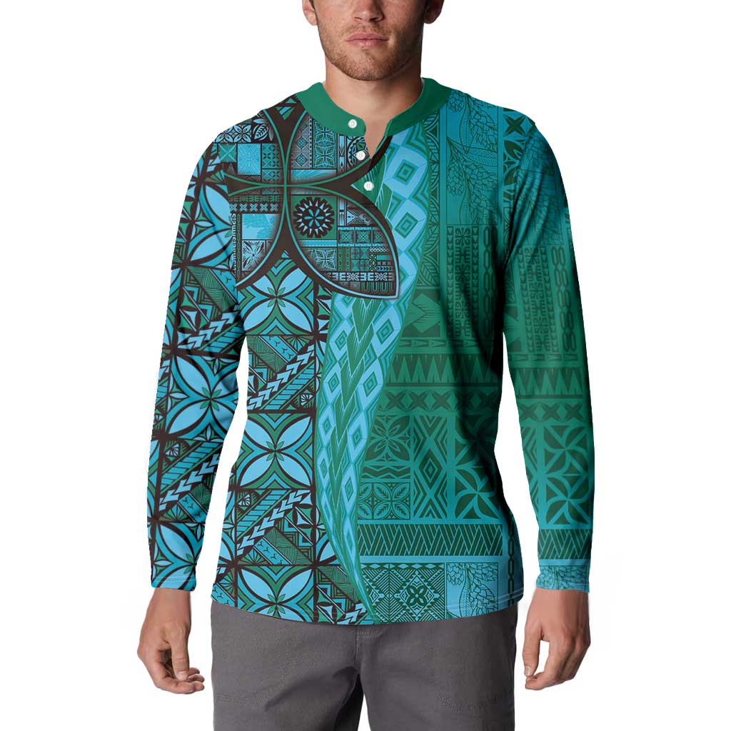 Samoan Pacific Tribal Flower Geometric Art Tattoos Button Sweatshirt Siapo Pattern Turquoise Tide - Polynesian Pride
