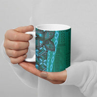 Samoan Pacific Tribal Flower Geometric Art Tattoos Ceramic Mug Siapo Pattern Turquoise Tide - Polynesian Pride