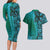 Samoan Pacific Tribal Flower Geometric Art Tattoos Couples Matching Long Sleeve Bodycon Dress and Hawaiian Shirt Siapo Pattern Turquoise Tide - Polynesian Pride