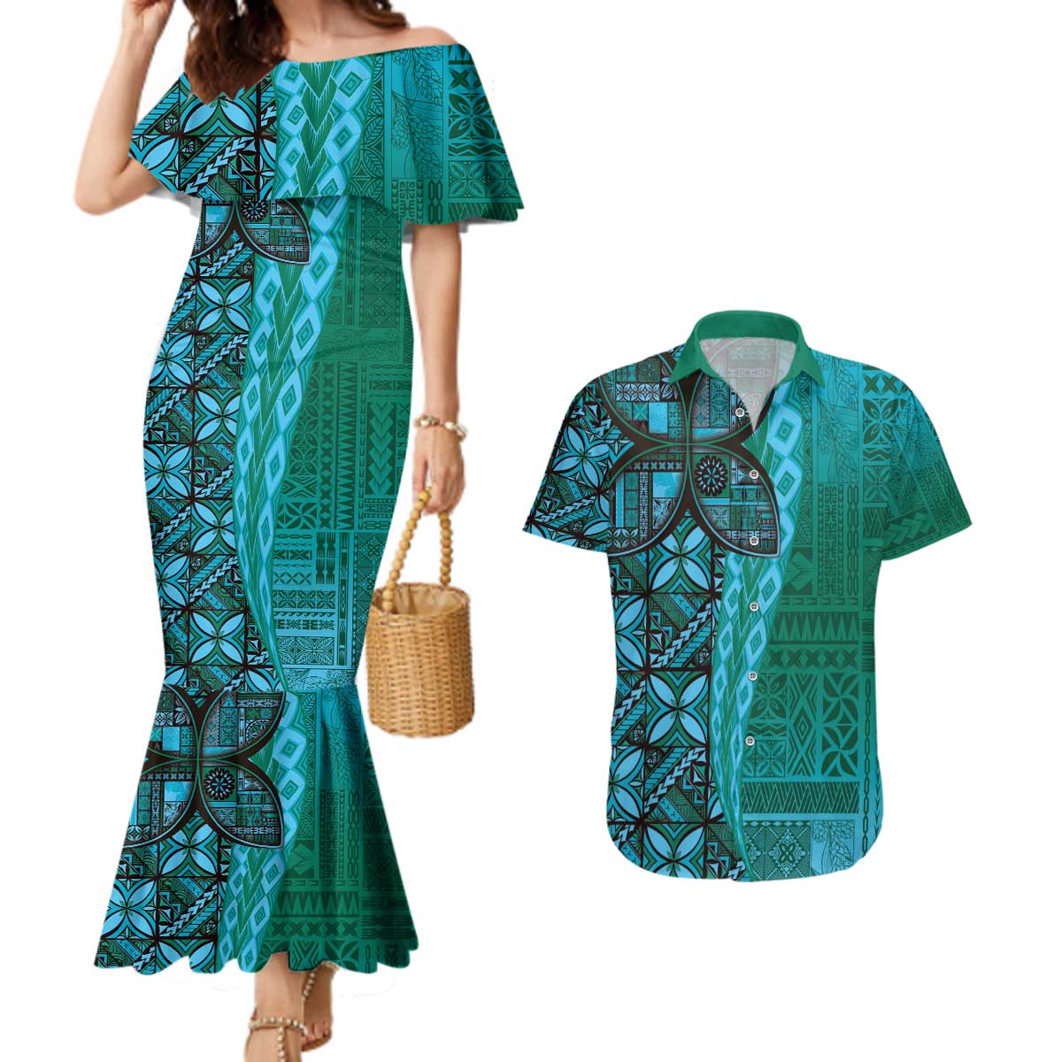 Samoan Pacific Tribal Flower Geometric Art Tattoos Couples Matching Mermaid Dress and Hawaiian Shirt Siapo Pattern Turquoise Tide - Polynesian Pride