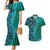 Samoan Pacific Tribal Flower Geometric Art Tattoos Couples Matching Mermaid Dress and Hawaiian Shirt Siapo Pattern Turquoise Tide - Polynesian Pride