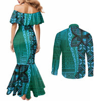 Samoan Pacific Tribal Flower Geometric Art Tattoos Couples Matching Mermaid Dress and Long Sleeve Button Shirt Siapo Pattern Turquoise Tide - Polynesian Pride