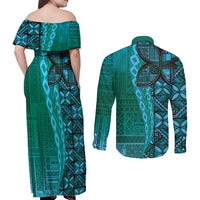Samoan Pacific Tribal Flower Geometric Art Tattoos Couples Matching Off Shoulder Maxi Dress and Long Sleeve Button Shirt Siapo Pattern Turquoise Tide - Polynesian Pride