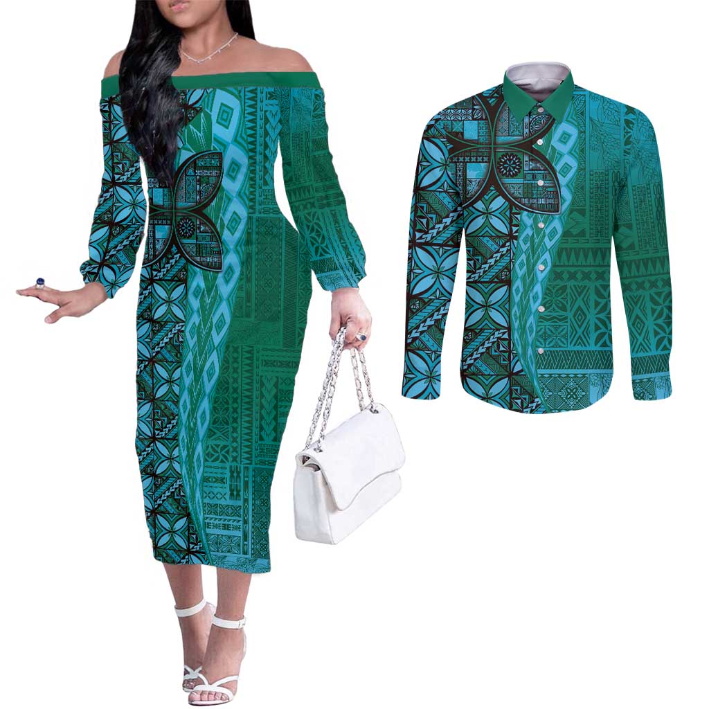 Samoan Pacific Tribal Flower Geometric Art Tattoos Couples Matching Off The Shoulder Long Sleeve Dress and Long Sleeve Button Shirt Siapo Pattern Turquoise Tide - Polynesian Pride
